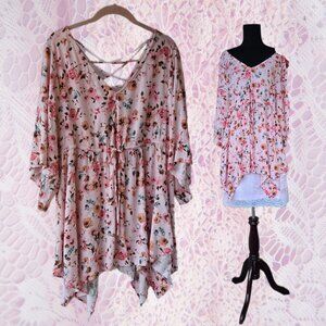 Torrid Pink Floral Blouse Size 1 Asymmetric Hem Flowy Balletcore Romantic